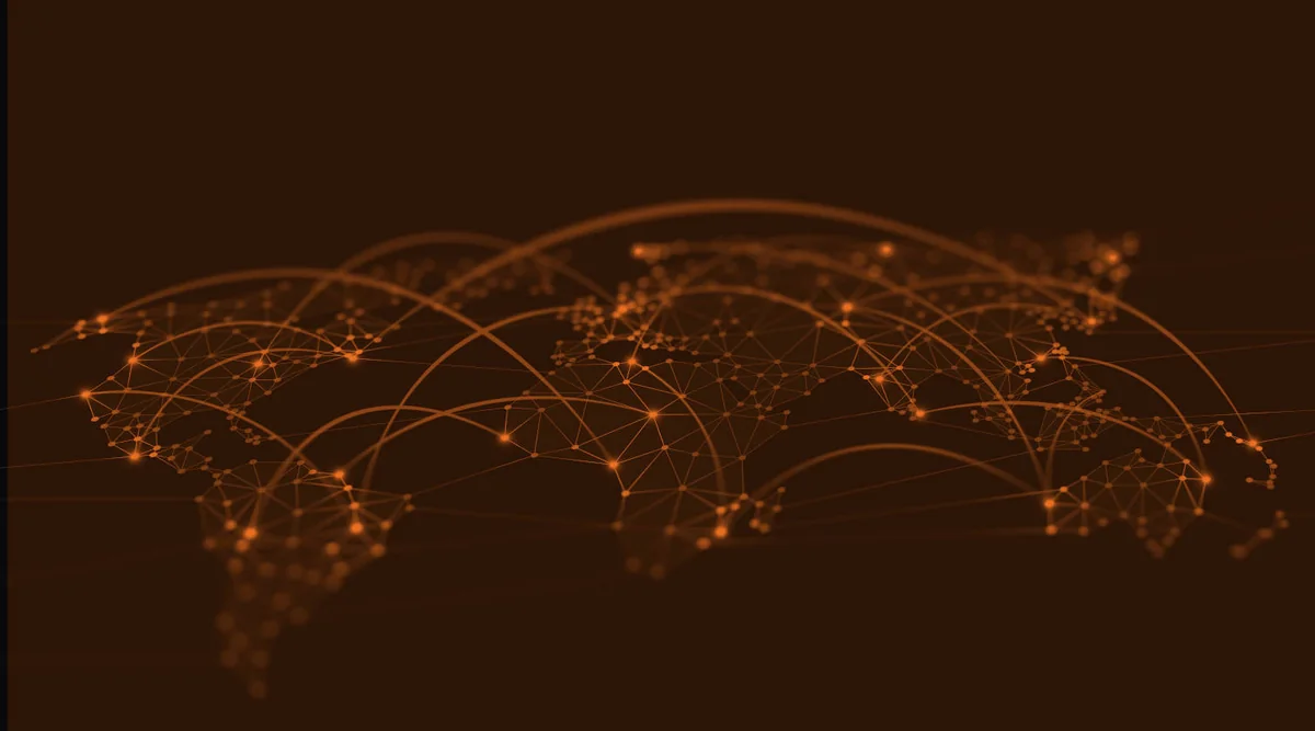 Mapa-múndi formado por uma rede de conexões luminosas em tons de laranja.