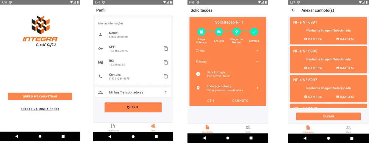 Quatro telas do App Motorista: acesso, perfil do motorista, solicitação com etapas de coleta, rota, chegada e entrega, e envio de foto do canhoto por NF-e.