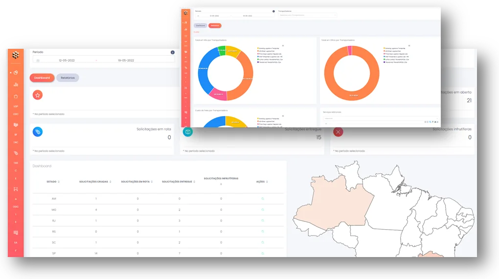 Dashboards da plataforma Integra Cargo: indicadores de solicitações por status, gráficos por transportadora e mapa por estado.