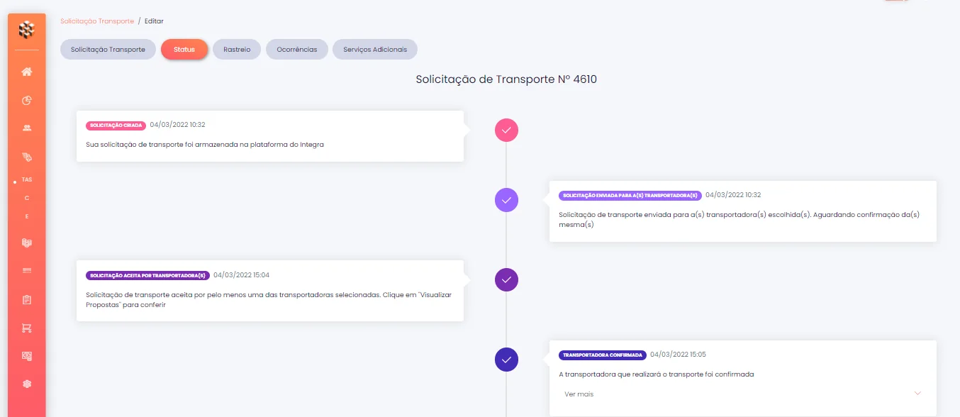 Linha do tempo de uma solicitação na plataforma: criada, enviada às transportadoras, aceita e transportadora confirmada, com data e hora de cada etapa.